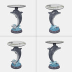 Artistic Dolphin Accent Table, Faux Marble Round Side Table, Playful Ocean Sculptural Pedestal End Table for Living Room Coastal Beach House Decor