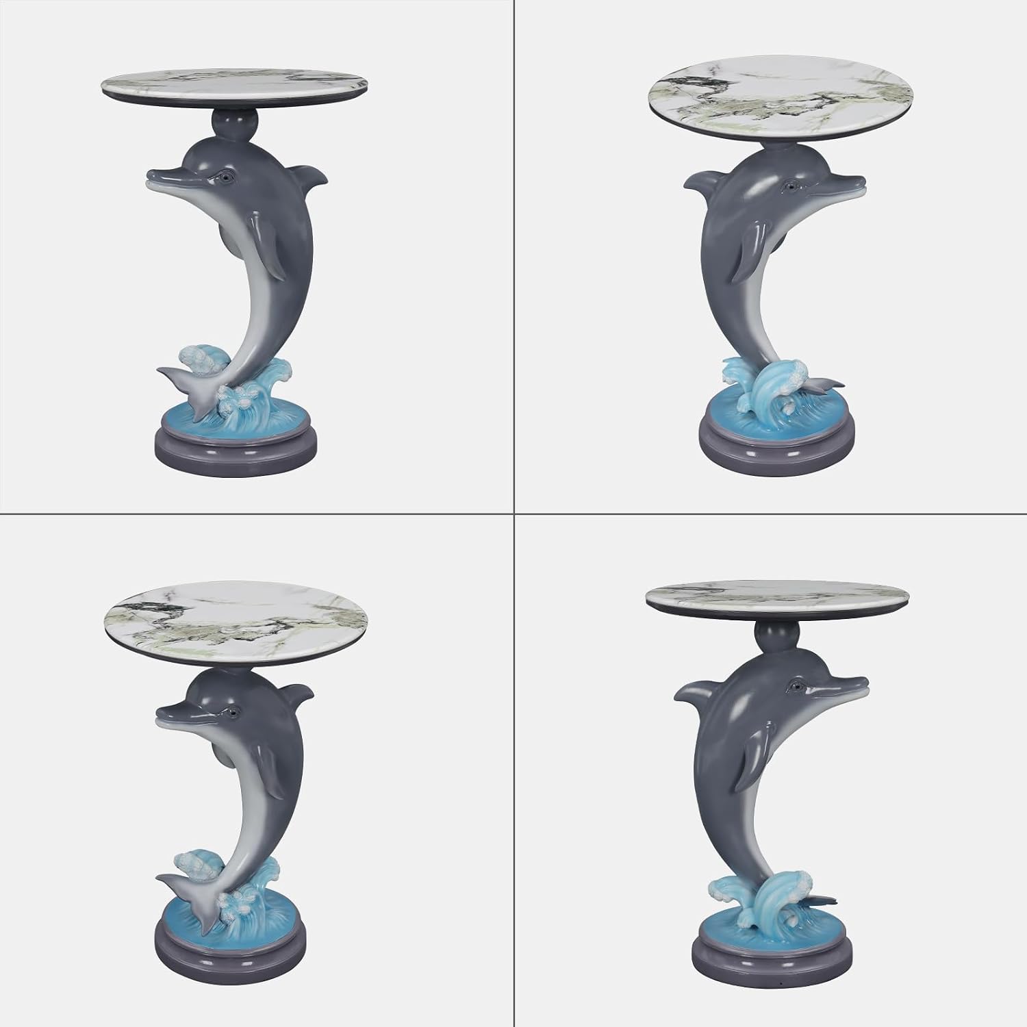 Artistic Dolphin Accent Table, Faux Marble Round Side Table, Playful Ocean Sculptural Pedestal End Table for Living Room Coastal Beach House Decor