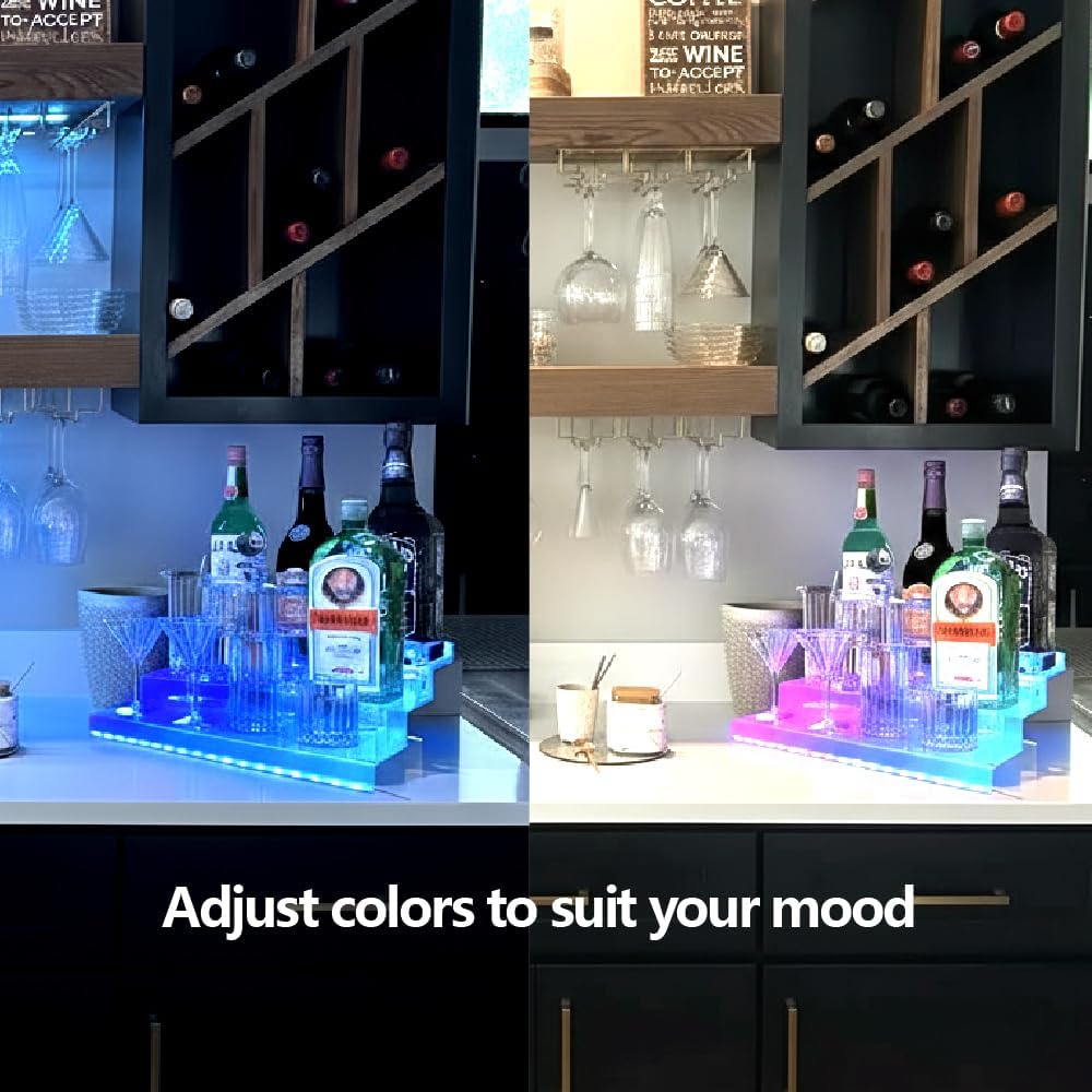 YMVV LED Lighted Liquor Bottle Acrylic Display, 3 Tiers 15.7 Inch LED Liquor Shelves with RF Remote, Liquor Bottle Accessories Shelf for Home Bar