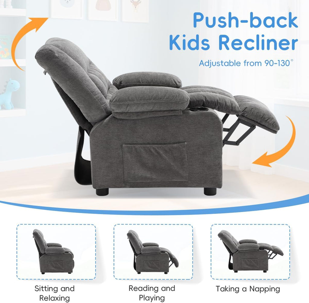BOSMILLER Kids Recliner Chair， Push Back Toddler Recliner with Cup Holders & Side Pockets， Adjustable Footrest & Headrest Kids Sofa for Boys Girls 3+ Age Group