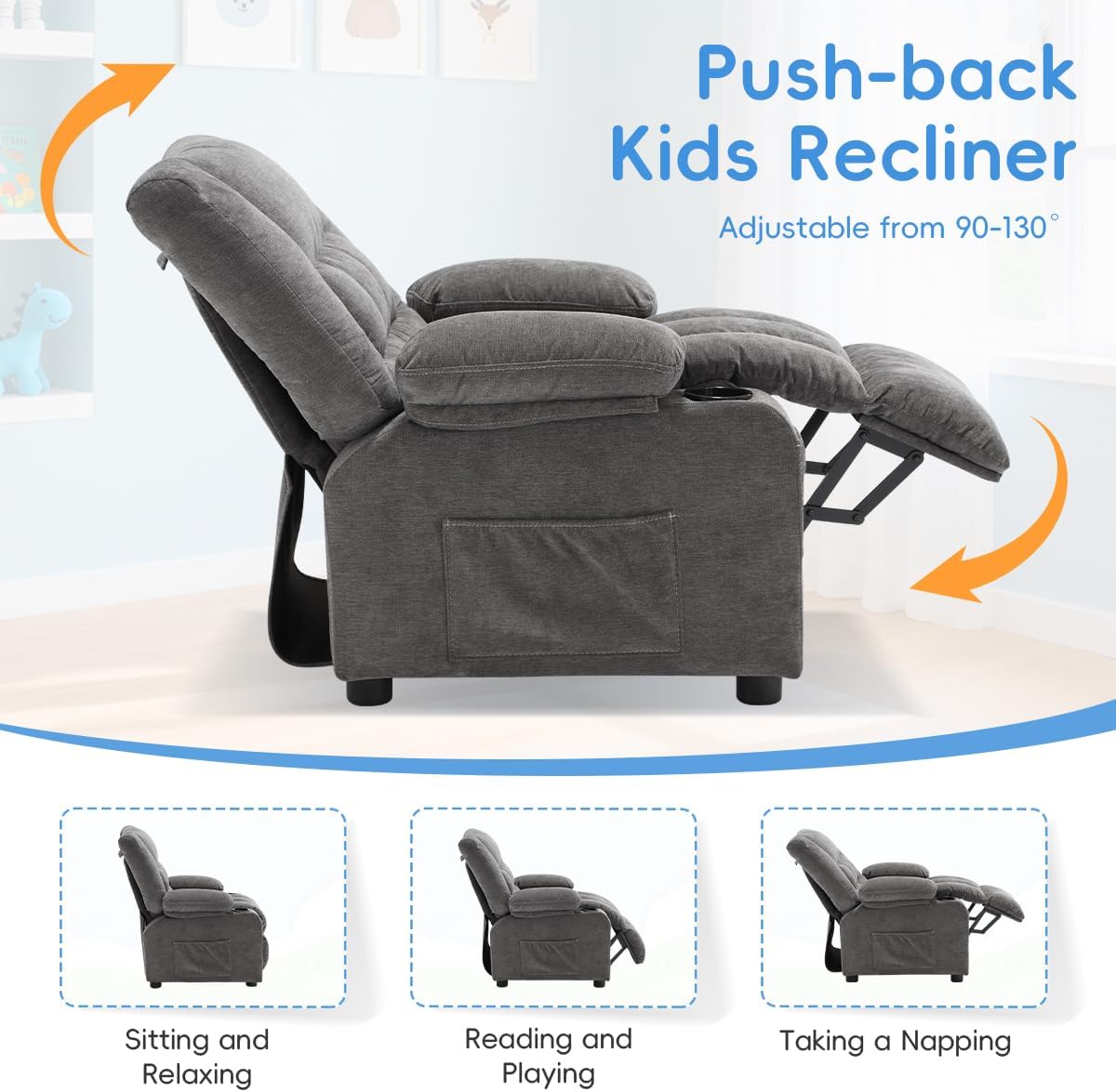 BOSMILLER Kids Recliner Chair， Push Back Toddler Recliner with Cup Holders & Side Pockets， Adjustable Footrest & Headrest Kids Sofa for Boys Girls 3+ Age Group