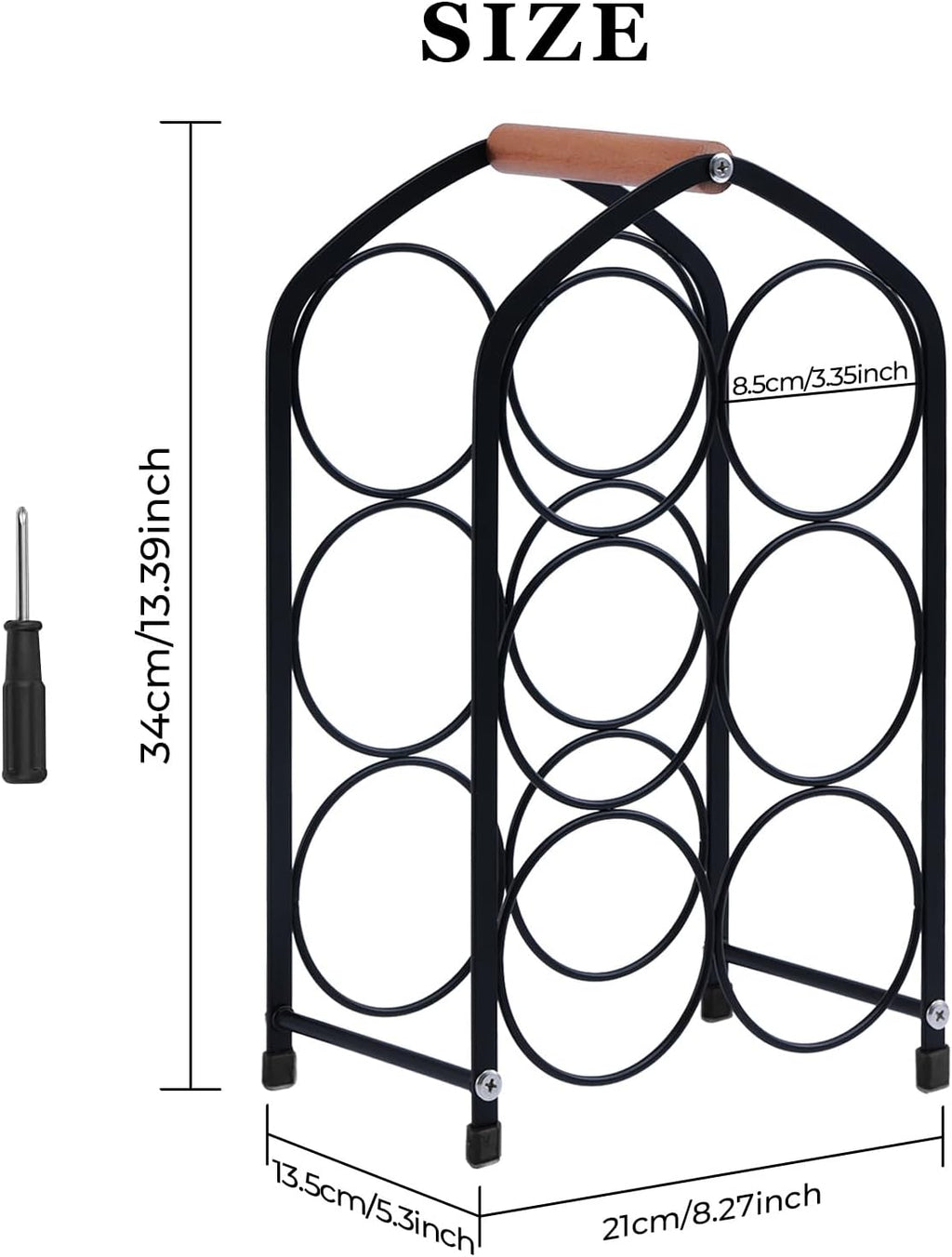 Wine Rack countertop Wine Bottle Holder Metal Wine Rack, Industrial Style Honeycomb Design 6-Bottle Wine Storage with Wooden Handle, Easy Installation,for Home Kitchen Bar/Cabinet