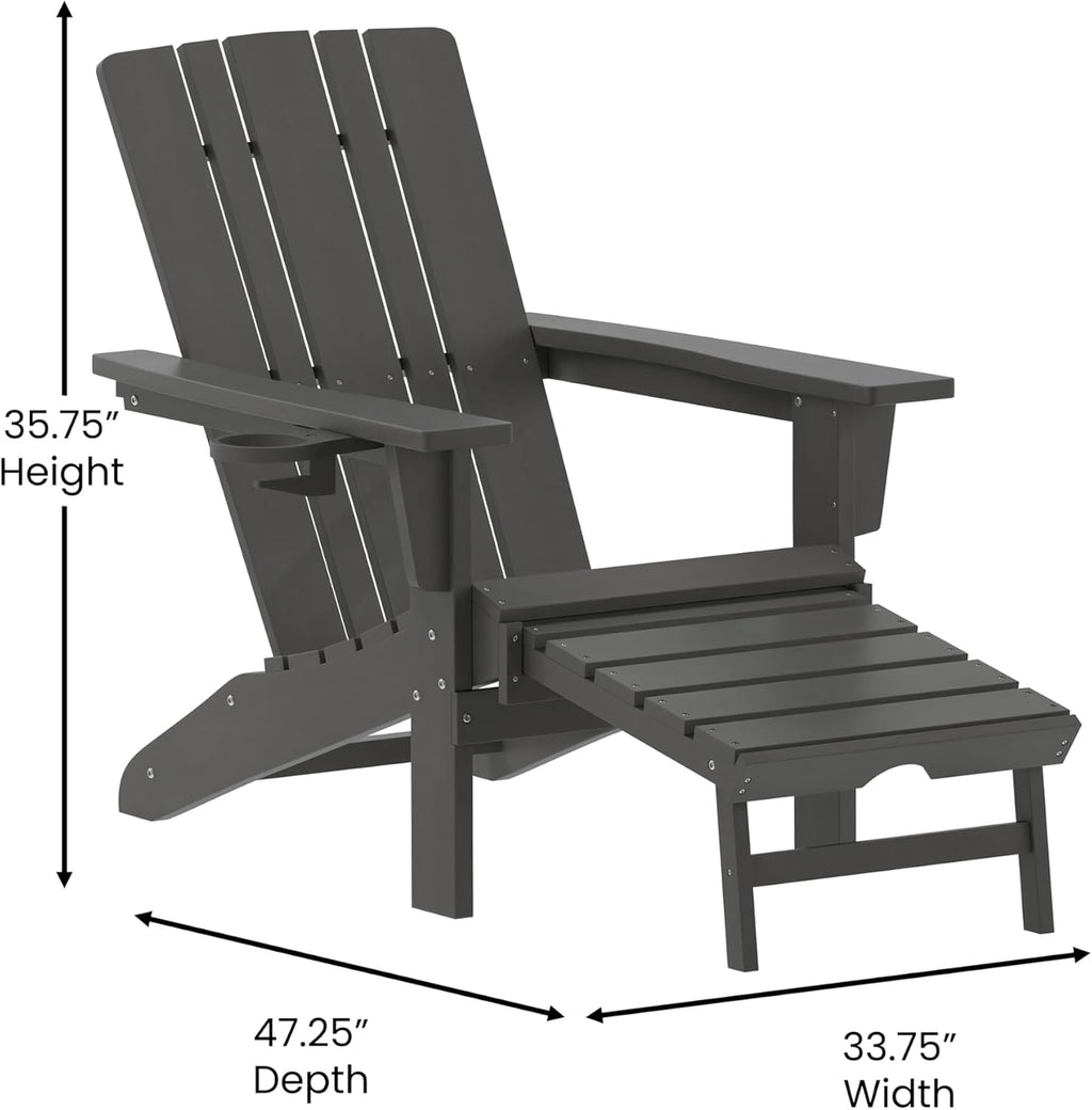 Flash Furniture Halifax Poly Resin Adirondack Chair with Cup Holder and Pull Out Ottoman, All-Weather Poly Resin Indoor/Outdoor Lounge Chair, Gray, Set of 1