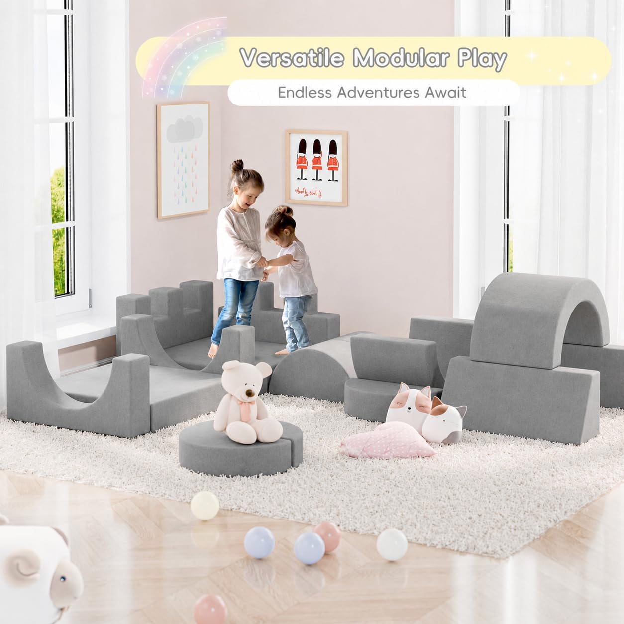 TOLEAD 16 Pcs Modular Kids Play Couch, 68" Large Foam Sofa for Toddlers & Kids, Imaginative Convertible Play Sofa for Living Room & Playroom