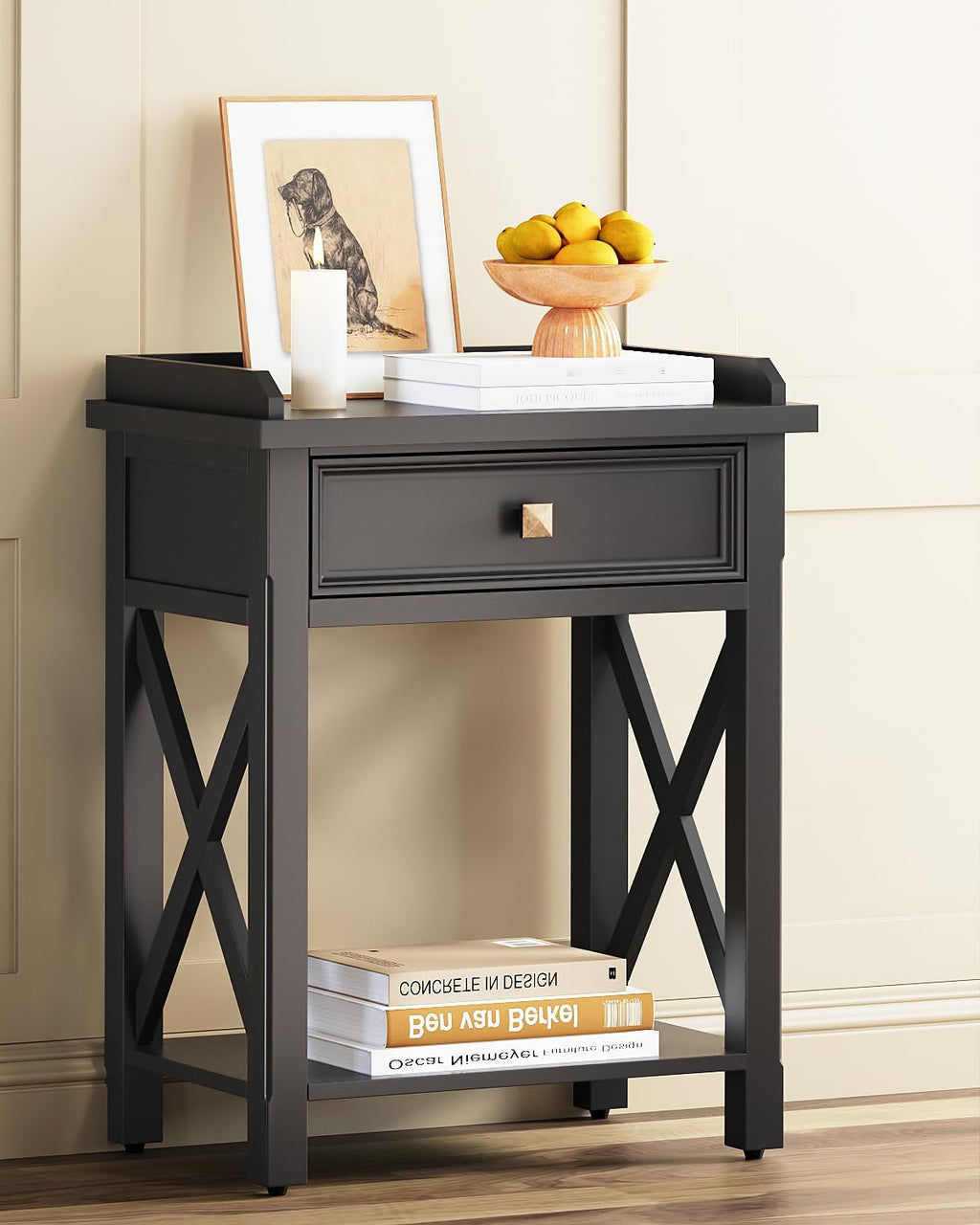 karlott 28" Nightstand with Charging Station, Solid Wood Night Stand with Pre-Assembled Drawer, Painted Bedside Table with Storage Shelf, Farmhouse End Side Table for Bedroom, Living Room, Black