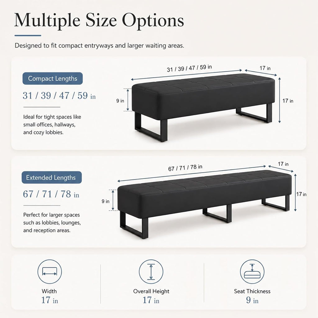 Waiting Room Bench, Faux Leather Upholstered Bench Seat with High-Density Foam, Rounded Corners and Metal Frame, Reception Lobby Furniture for Office, Salon, Barbershop(Black,17 * 59 * 17in)