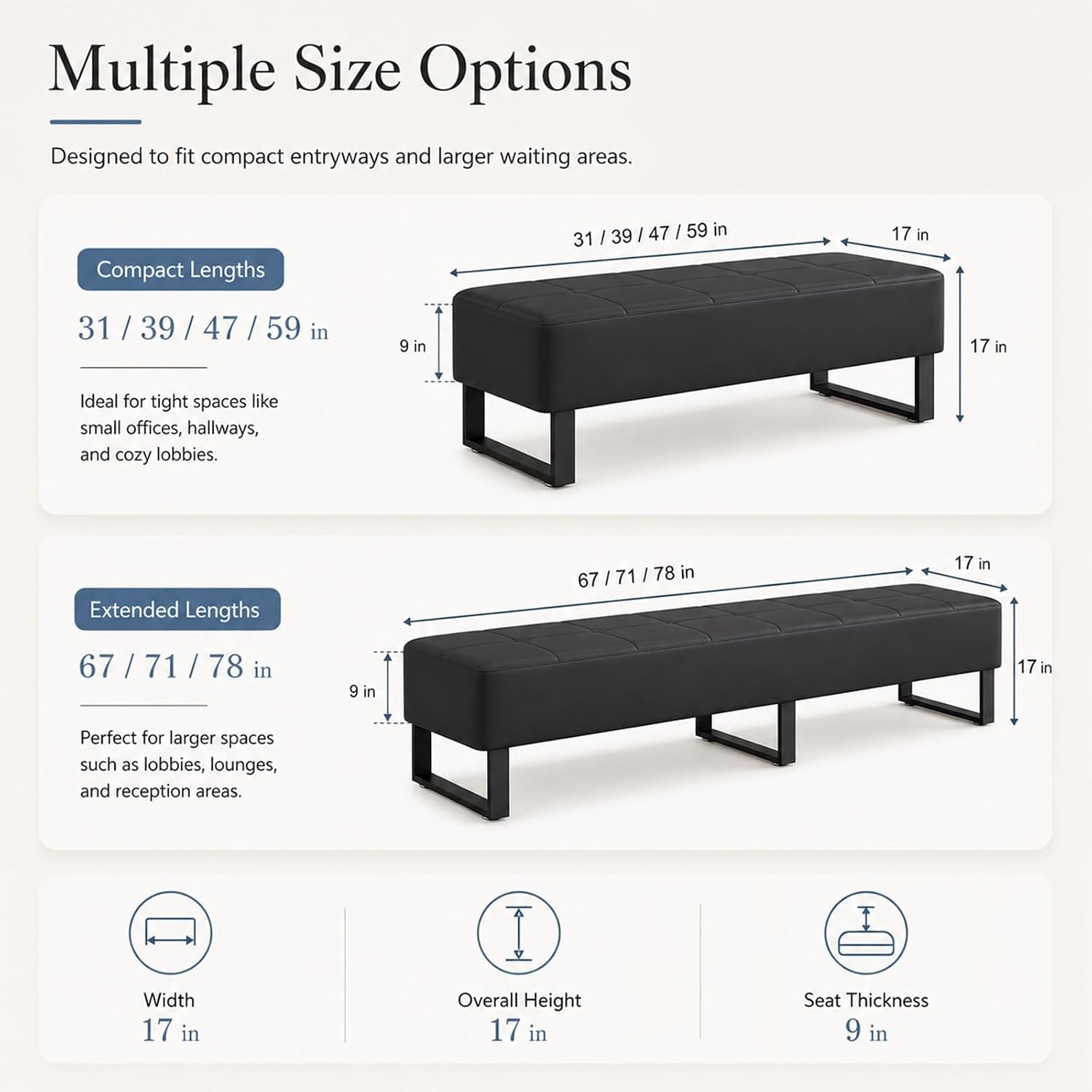 Waiting Room Bench, Faux Leather Upholstered Bench Seat with High-Density Foam, Rounded Corners and Metal Frame, Reception Lobby Furniture for Office, Salon, Barbershop(Black,17 * 59 * 17in)