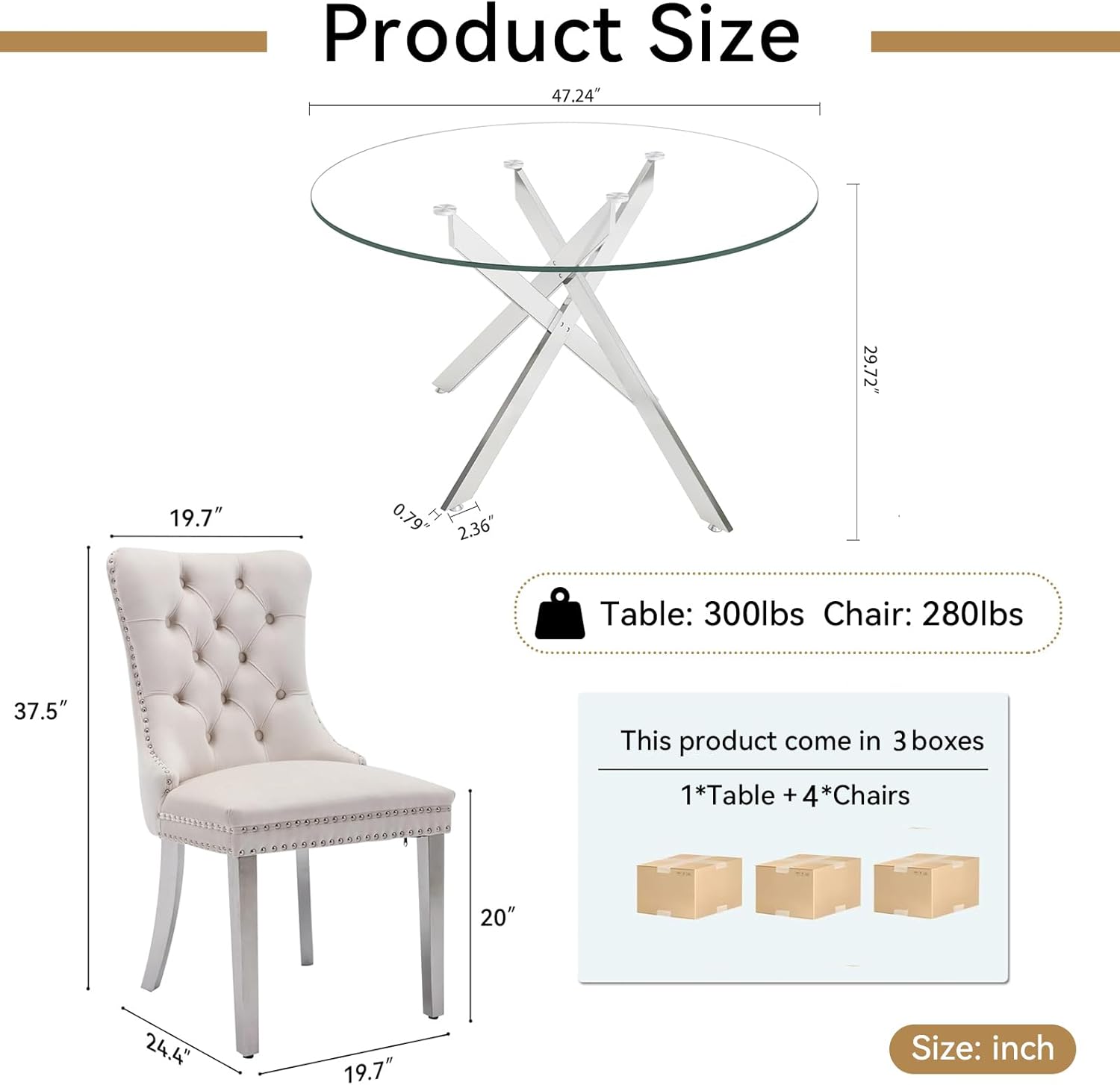 Modern 5 Piece Glass Dining Table Set, 47.2" Round Dining Table Set for 4, Glass Dining Room Kitchen Table with X-Shape Silver Metal Leg & 4pcs Beige Dining Chairs, Modern Circle Glass Dining Set