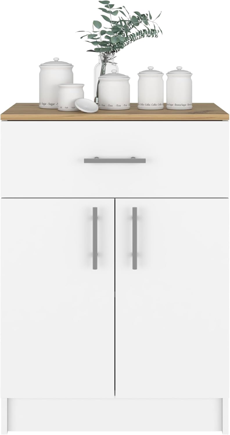 Modern Kitchen Pantry, Storage Cabinet with 1 Drawer, Particle Board, White + Light Oak, for Dining Room, Easy to Clean