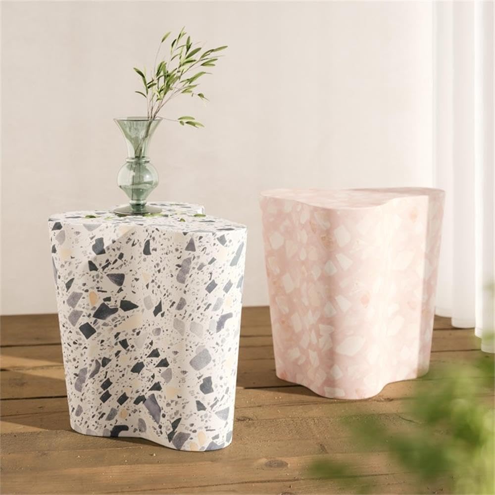 Pemberly Row Contemporary Slab Terrazzo Side Table, Sunset Pink Finish, Concrete Material, 18 in Wide, Free-Form Shape, Stylish Handmade Accent Table for Living Room or Bedroom Decor