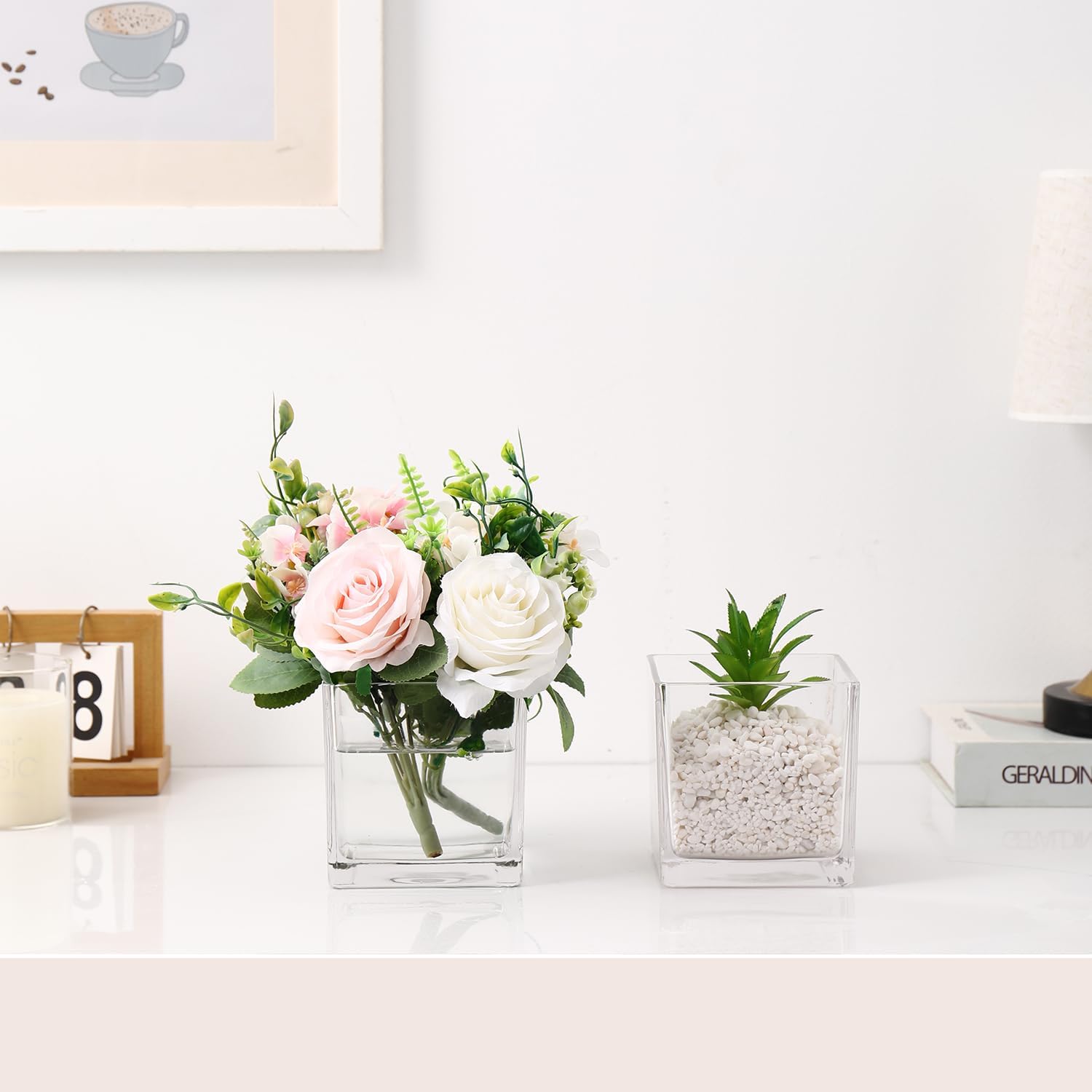 Square Clear Glass Vases Set of 6, 5" x 5" x 5" Flower Vases for Centerpieces, Square Vase for Centerpieces, Small Vase for Wedding, Party, Home Office Decoration
