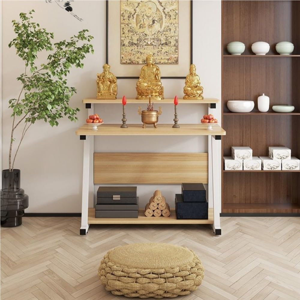 Altar Table with Dual-Tier Design, Compact Home Prayer Table with Storage Shelf for Buddha Statues, Incense, Offering(Brown,Large)