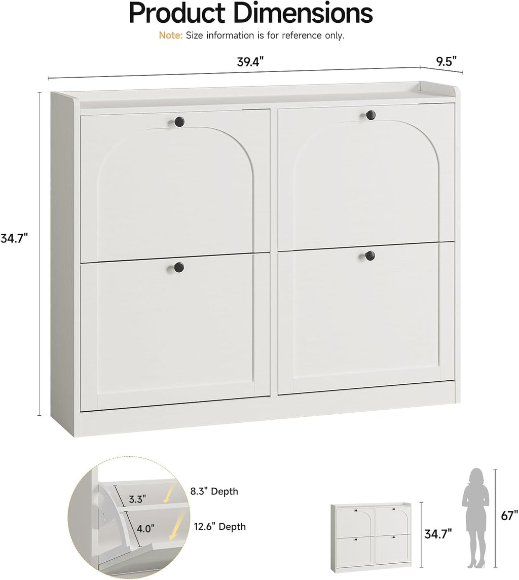 ONBRILL Shoe Cabinet with 4 Flip Drawers, Freestanding Ultra Slim Hidden Shoe Organizer with Classic Arched Pattern, 16-24 Pairs Shoe Storage Cabinet for Entryway Hallway Living Room (White)