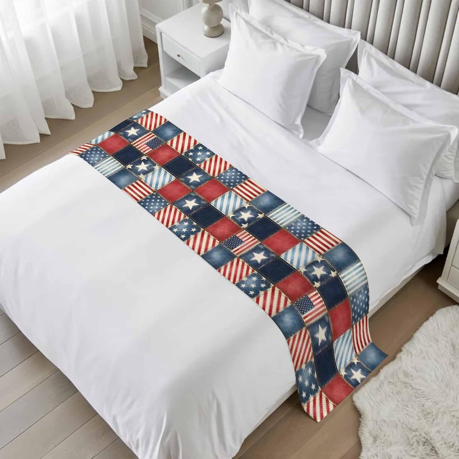 4th of July Bed Runner Stars Stripes Patchwork Bedding Scarves Soft Decorative Bed Flag Retro Checkered Grid Bed Runners for King Size Bed Home Hotel Bedroom Independence Day Decor 20x94 Inch