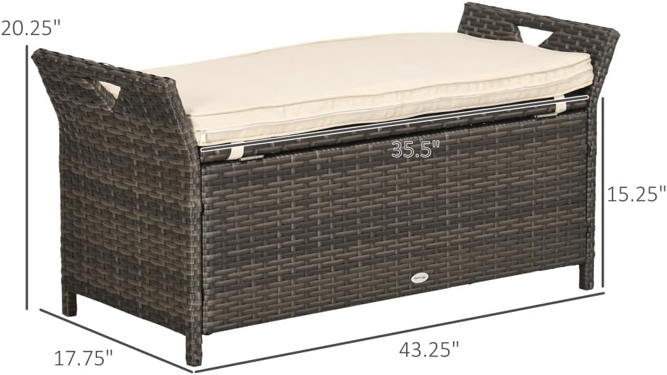 27 Gallon Patio Wicker Storage Bench with Cushion, 2-in-1 Garden Storage Box Deck Box with Handles