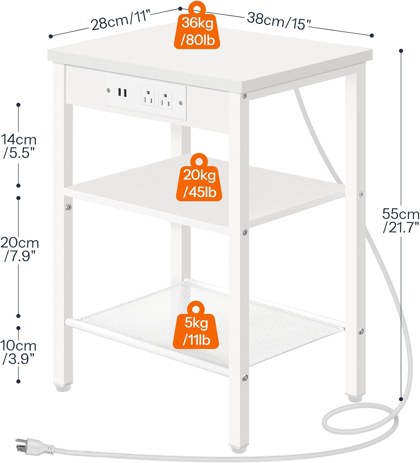 HOOBRO Side Table with Charging Station and USB Port, Small End Table for Small Space, 3-Tier Nightstand with Adjustable Shelf, for Living Room, Bedroom, White WW112BZ01