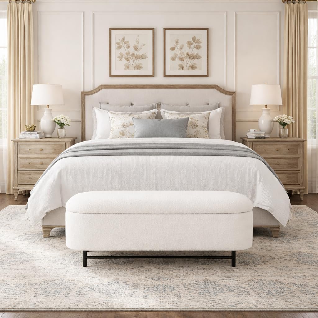 HomePop 46" Ellipse Storage Bench with Metal Legs - Cream Boucle