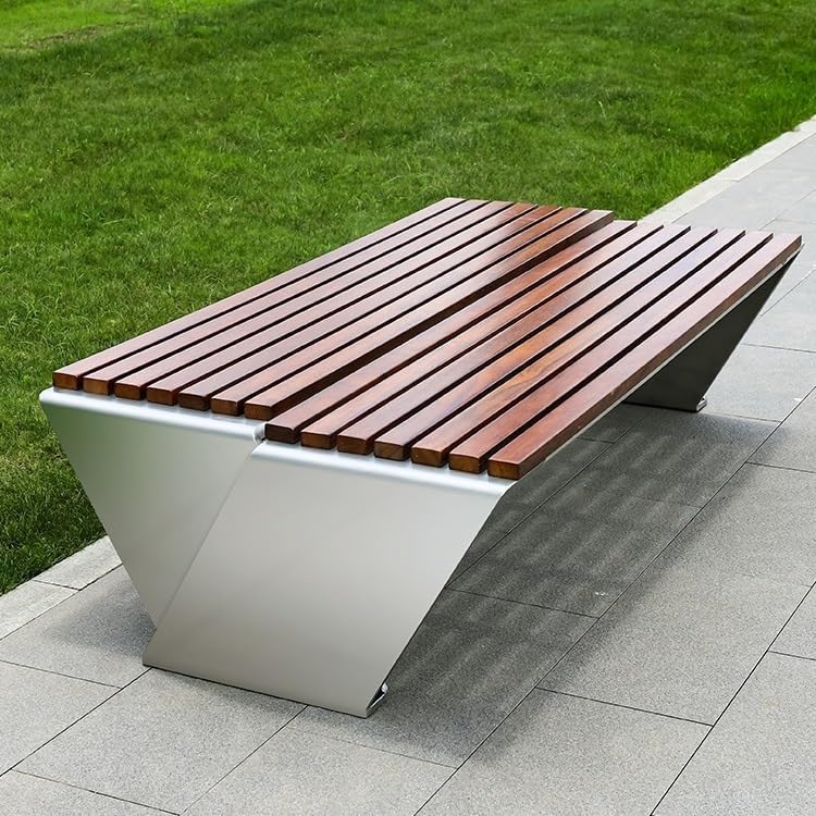 Outdoor Bench, Stainless Steel Park Chair Plastic Wood Leisure Backrest Seat Sun Protection Long Garden Benches for Outdoors
