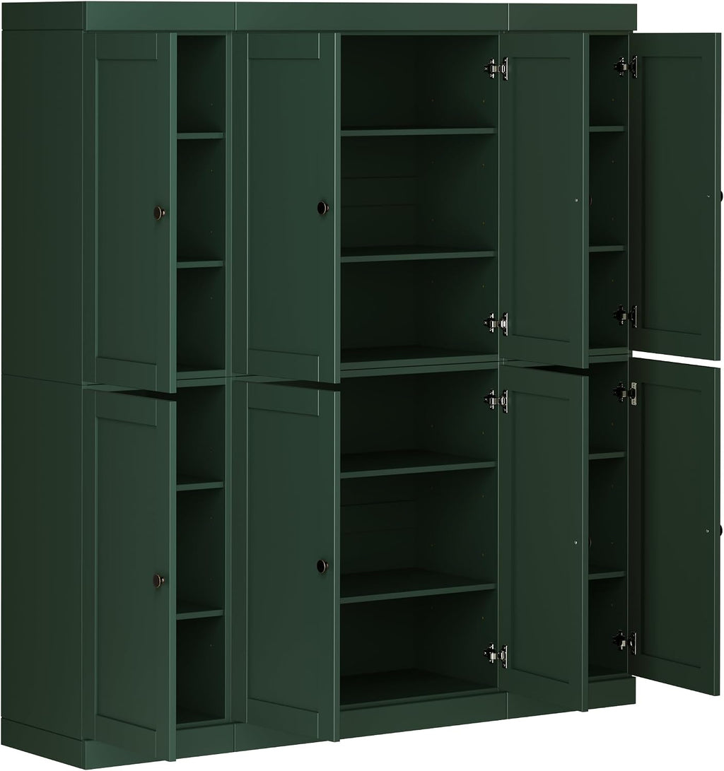Palace Imports Solid Wood Pantry Cabinet - 71.5" Tall x 65" W - Wood Storage Cabinet w/ 8 Shaker Wooden Doors, 12 Adjustable Shelves - Kitchen Cupboard - Green, 100% Eco-Friendly Pine, Made in Brazil