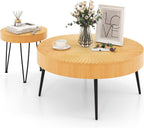 Giantex Boho Round Coffee Table Set of 2, Sofa Side Nesting Table with Solid Pine Wood Top, Metal Legs & Adjustable Foot Pads, 31.5" D Large Table Set for Living Room (Radial Pattern, Natural)