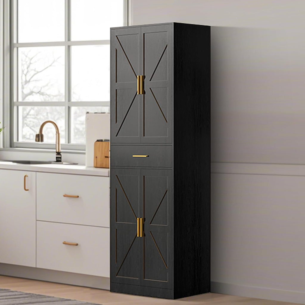 71" Tall Kitchen Pantry Storage Cabinet with 4 Doors & Drawer, Adjustable Shelves, Farmhouse Cupboard, Freestanding Cabinet with Door Shelves for Dining Room/Living Space, Black