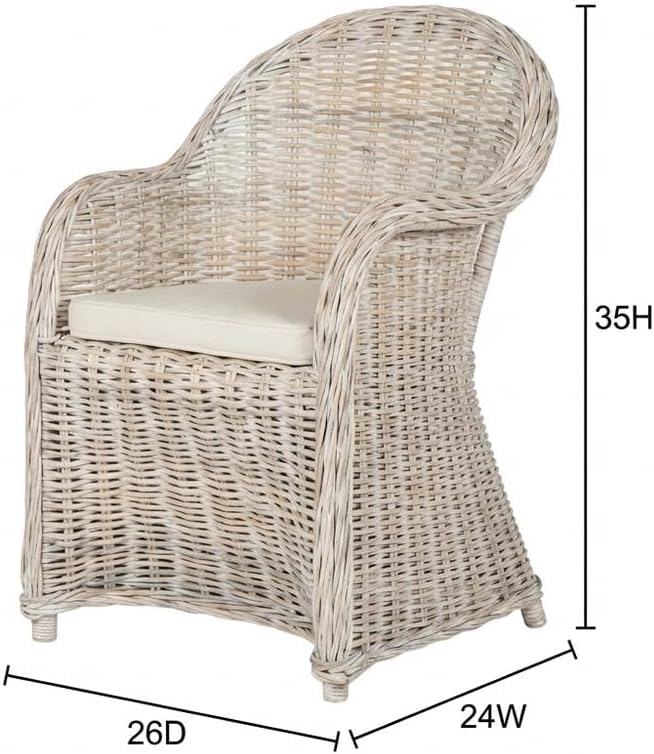 White Wicker Club Chair with Rattan Frame, Cotton Fabric, Comfortable Armrest, Stylish Design for Outdoor Lounge, Deck Or Patio