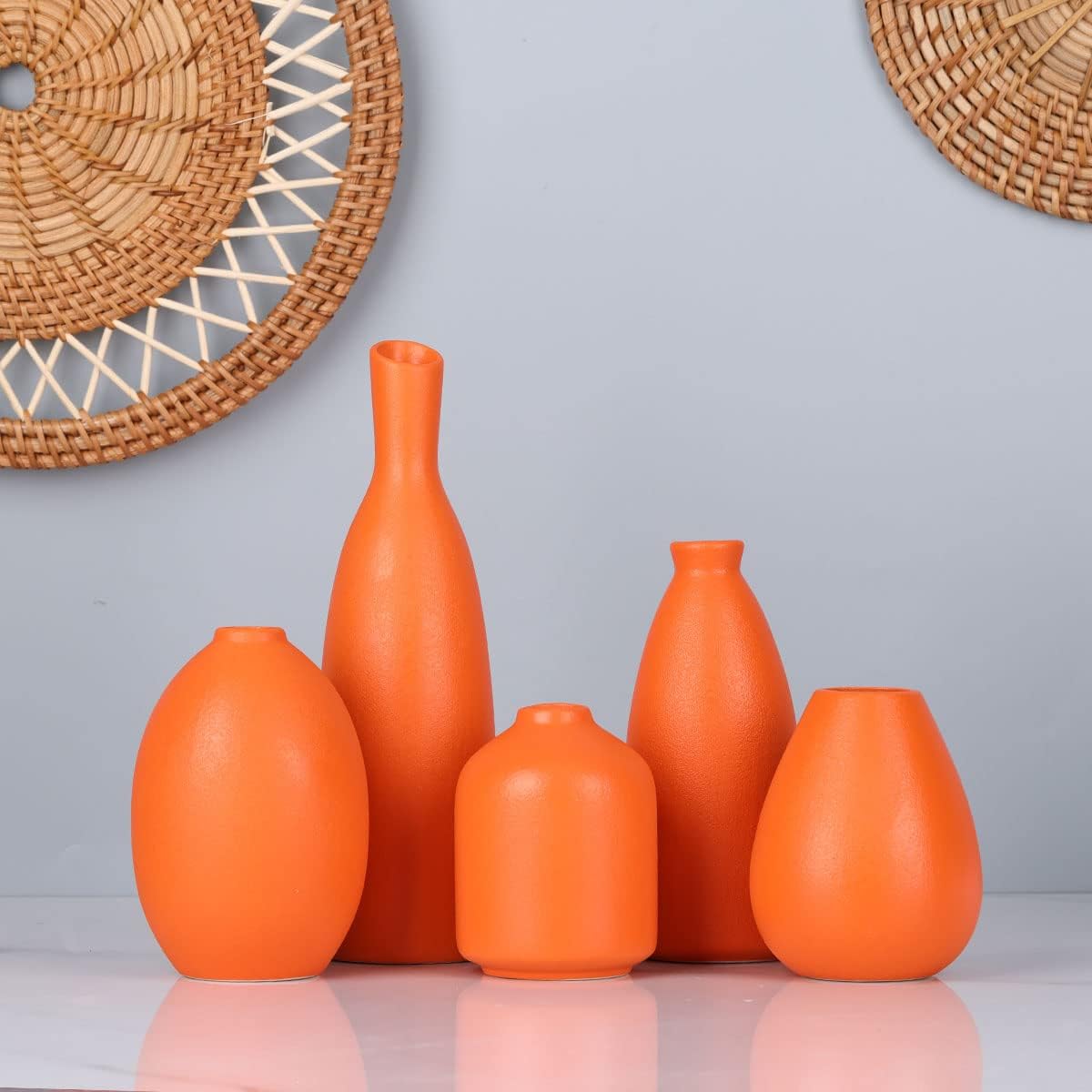 Orange Ceramic Small Vase Set of 5 - Modern Orange Decor Small Bud Vases for Floral Arrangements, Centerpieces for Weddings, Dinner Parties, Table Settings, Foyer, Bathroom Decorations