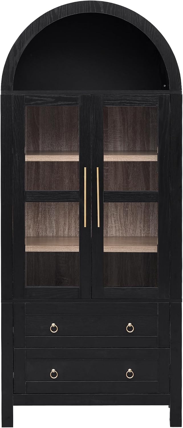 LUMISOL Tall Kitchen Pantry Cabinet with 2 Large Drawers, 71" Arched Storage Cabinet with Adjustable Shelves & Glass Door, Farmhouse Kitchen Hutch with Top Shelf for Living Room Dining Room, Black