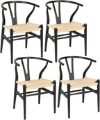 Wishbone Chair Natural Solid Wood Dining Chair/Hans Wegner Y Chair Rattan and Wood Accent Armrest Chairs - Ash Wood Chairs Set of 4 (Ash Wood - Black + Natural Color)