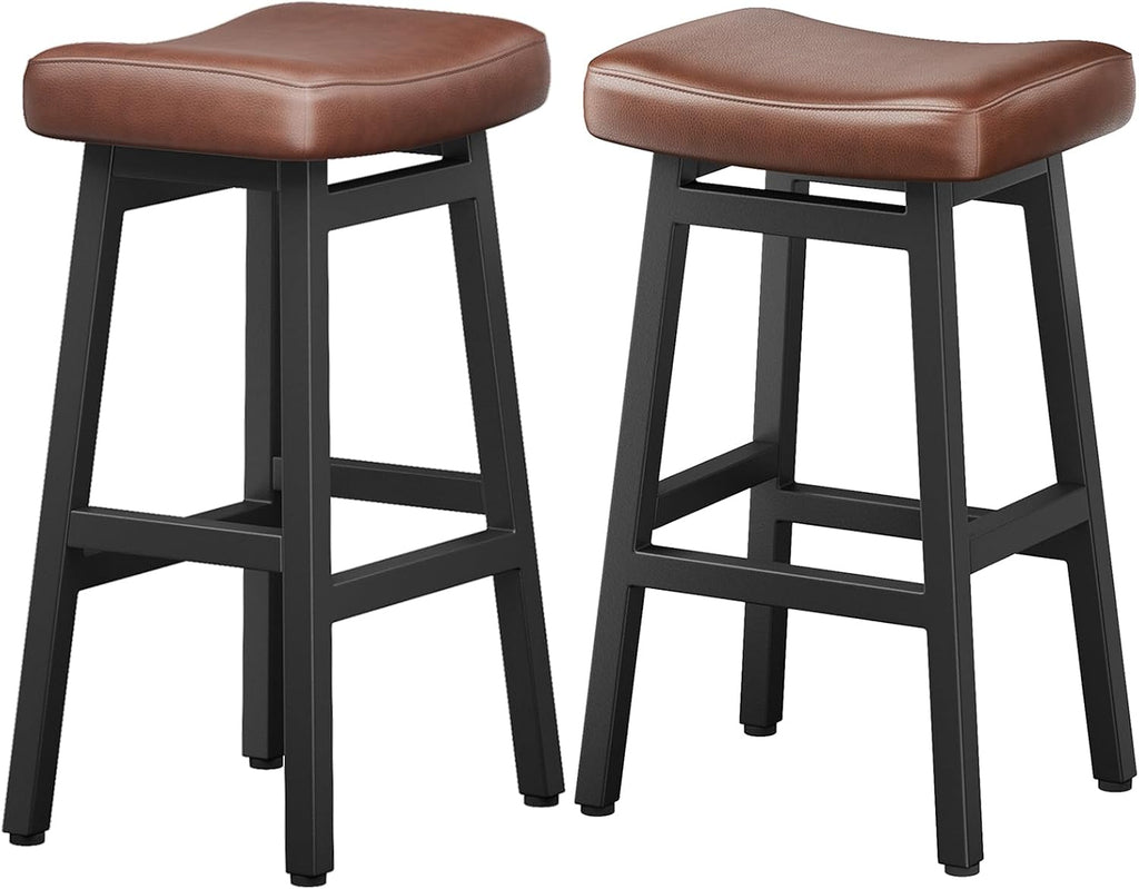 Raynesys 29 Inche Bonded Leather Counter Height Bar Stools Set of 2 Curved | Barstools with Curved Bonded Leather Seats & Heavy Duty Metal Legs for Kitchen Counter, Easy Assembly, Brown/Black