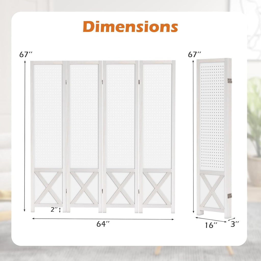 GOFLAME 4 Panel Pegboard Freestanding, 5.6 FT Display Stand with Solid Wood Frame, Foldable Privacy Screen, Room Separator, Display Board Organizer for Retail, Craft Show, White