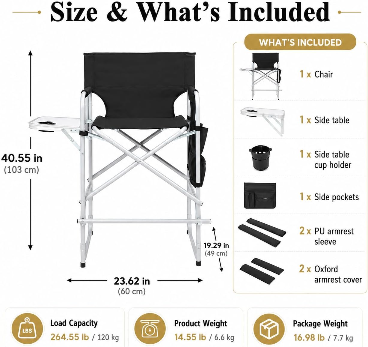 YUNWANG Tall Folding Directors Chair - High Foldable Bar Stool with Side Table Cup Holder and Storage Pocket - Seat Height Artist Chair for Makeup Artist Face Painting