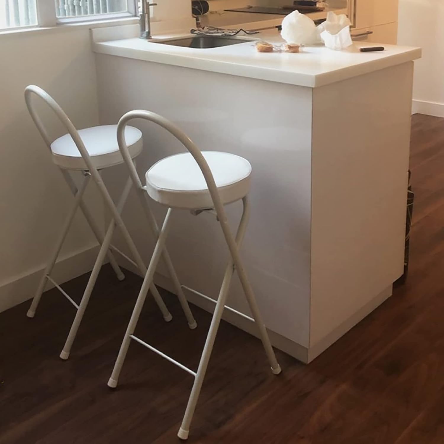 QQXX Folding Bar Stool with Footrest,Leather Padded Folding Kitchen Stool,Portable Counter Height Foldable Stool Tall Bar Stools for Outdoor Kitchen Shop Cafe(2 Pc, White Seat Height 29.5")
