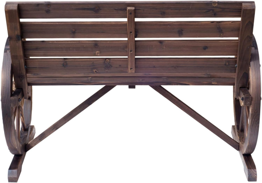 Hassyee Outdoor Patio Wooden Bench with Wagon Wheel and Slatted Design for Poolside, Park, Special Garden Bench with Rustic Style and Durable Wood Construction for Deck, Lawn