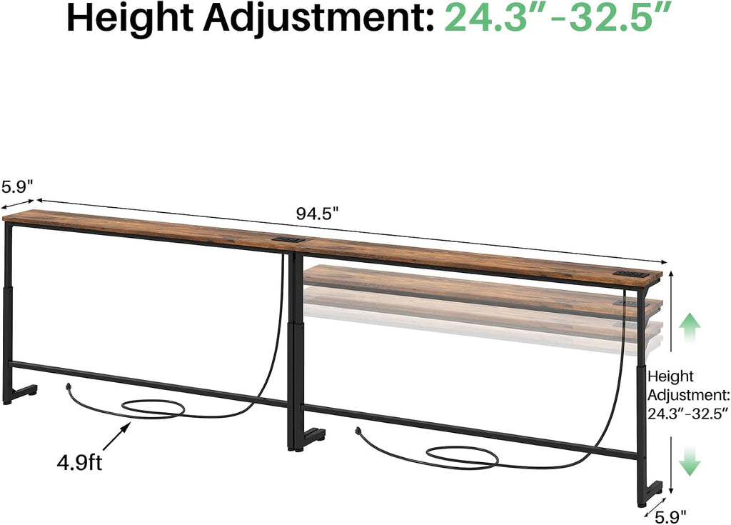 Kitstorack 94.5" Extra Long Behind Couch Table, Adjustable Height Narrow Console Table with 2 Power Strips, Split Design for Separate Wall Use, Anti-Scratch Tip, Rustic Brown for Living Room