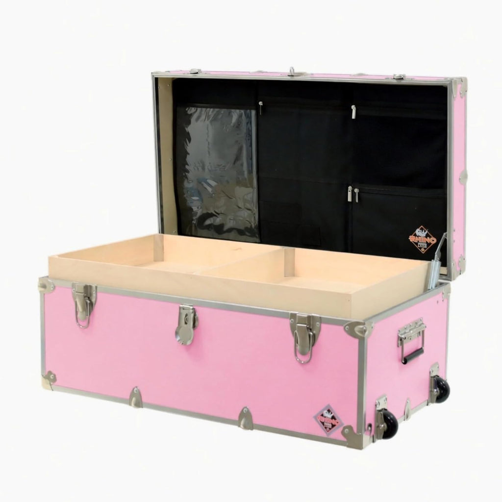 Rhino Trunk & Case Small Essential Trunk With Wheels, Tray, & Lid Organizer - 30"x17"x13", 1000+ lbs Capacity. Strong, USA Made Summer Camp Footlocker, and Secure College Dorm Storage Chest