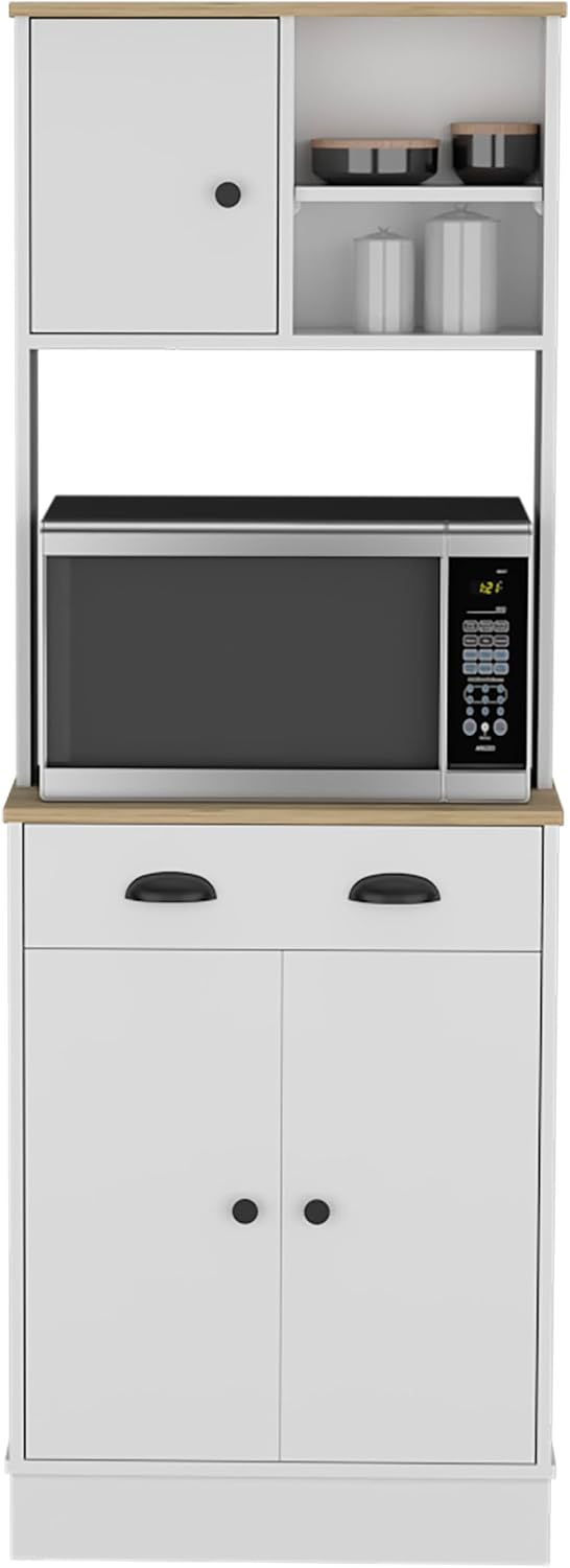 Kitchen Pantry 67" H, Two Cabinets, Three Doors, Two Open Shelves, One Drawer, Microwave Storage Option, White, Macadamia,23.62 * 13.78 * 66.54