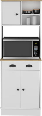 Kitchen Pantry 67" H, Two Cabinets, Three Doors, Two Open Shelves, One Drawer, Microwave Storage Option, White, Macadamia,23.62 * 13.78 * 66.54
