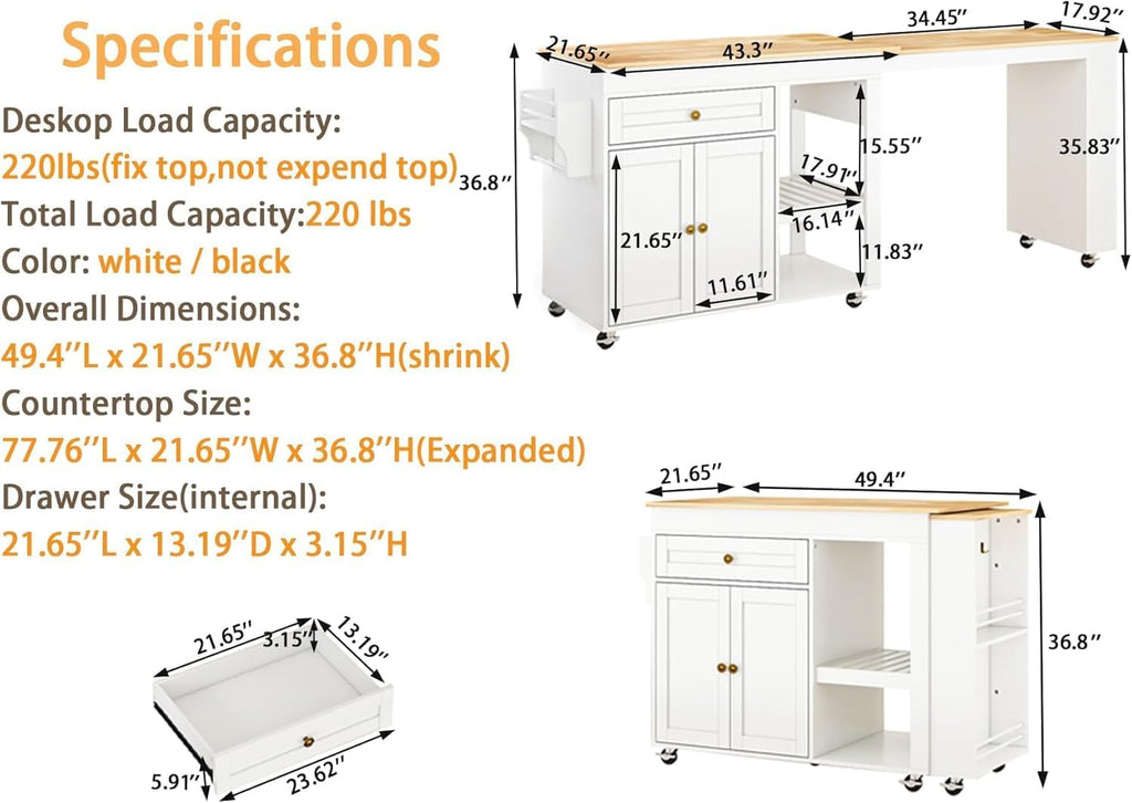 78"-49" Extendable Rolling Kitchen Island with Extended Dining Table, Mobile Kitchen Storage Islands with Storage Drawers, 2-Tier Storage Shelf, White