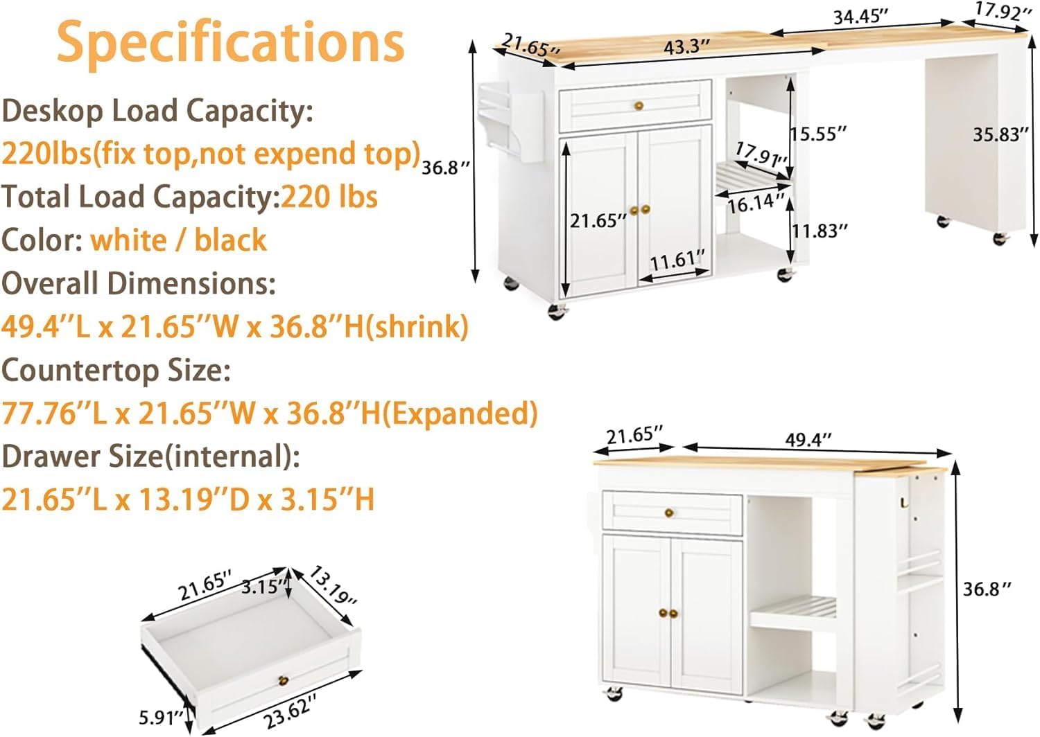 78"-49" Extendable Rolling Kitchen Island with Extended Dining Table, Mobile Kitchen Storage Islands with Storage Drawers, 2-Tier Storage Shelf, White