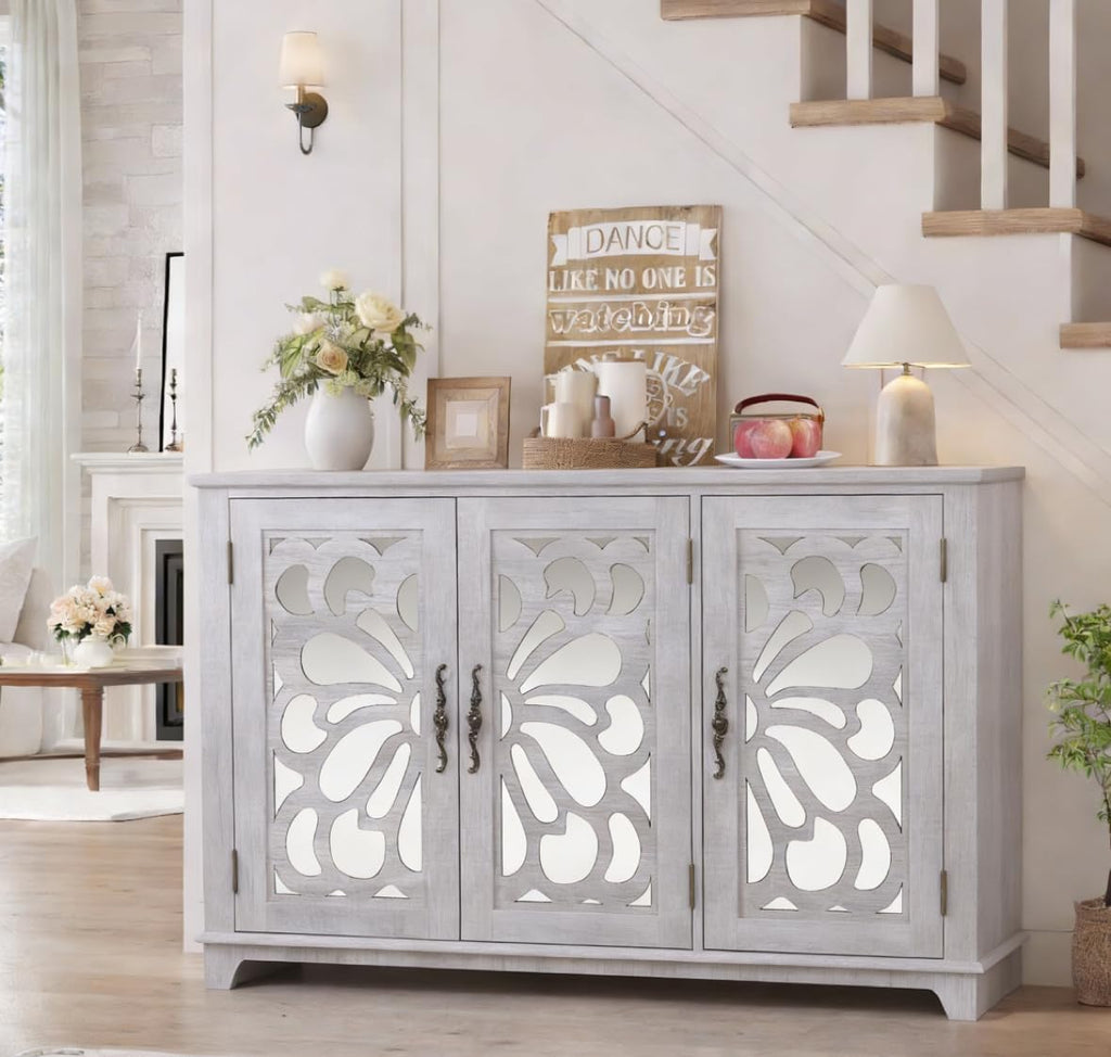 GDFStudio 49" Modern Buffet Sideboard Cabinet, Storage Cabinet with 3 Acrylic Mirrored Doors, Freestanding Credenza Buffet for Living Room Dining Room Kitchen, Large Countertop Coffee Bar, Light Gray