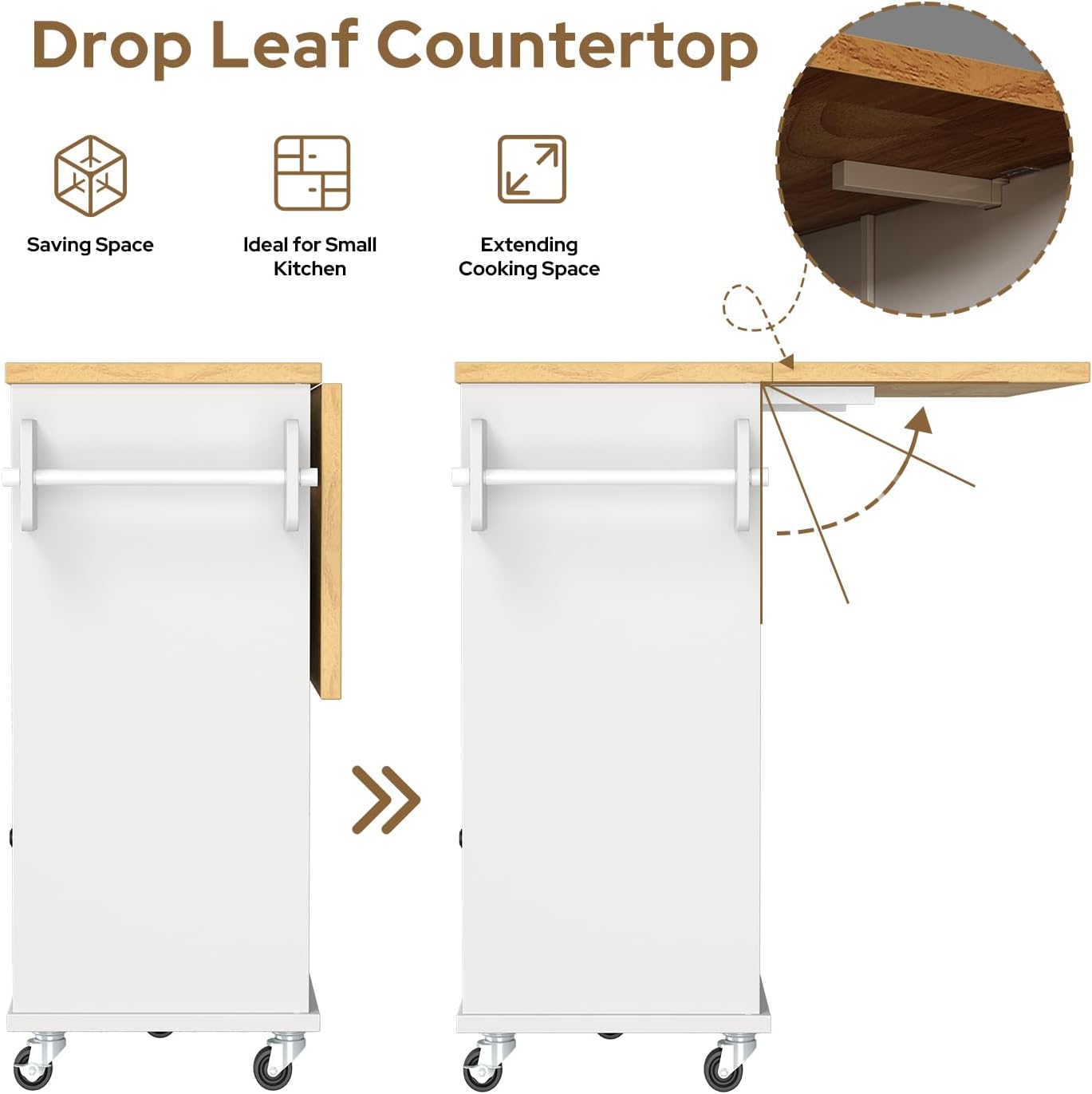 knoworld Rolling Kitchen Island with Storage Cabinet, 41.3'' Width Kitchen Cart with Desktop Drop Leaf Countertop, Portable Mobile Island with Towel Rack, Spice Rack Shelf, White