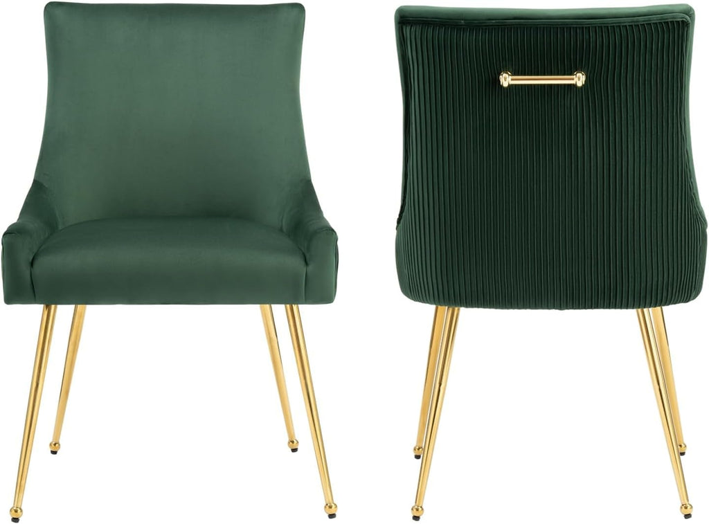 adochr Velvet Dining Chairs Set of 2, Modern Upholstered Kitchen Chair with Pull Handle & Pleated Back, Mid Century Accent Chair with Gold Metal Legs for Vanity,Dining,Kitchen,Living Room, Green