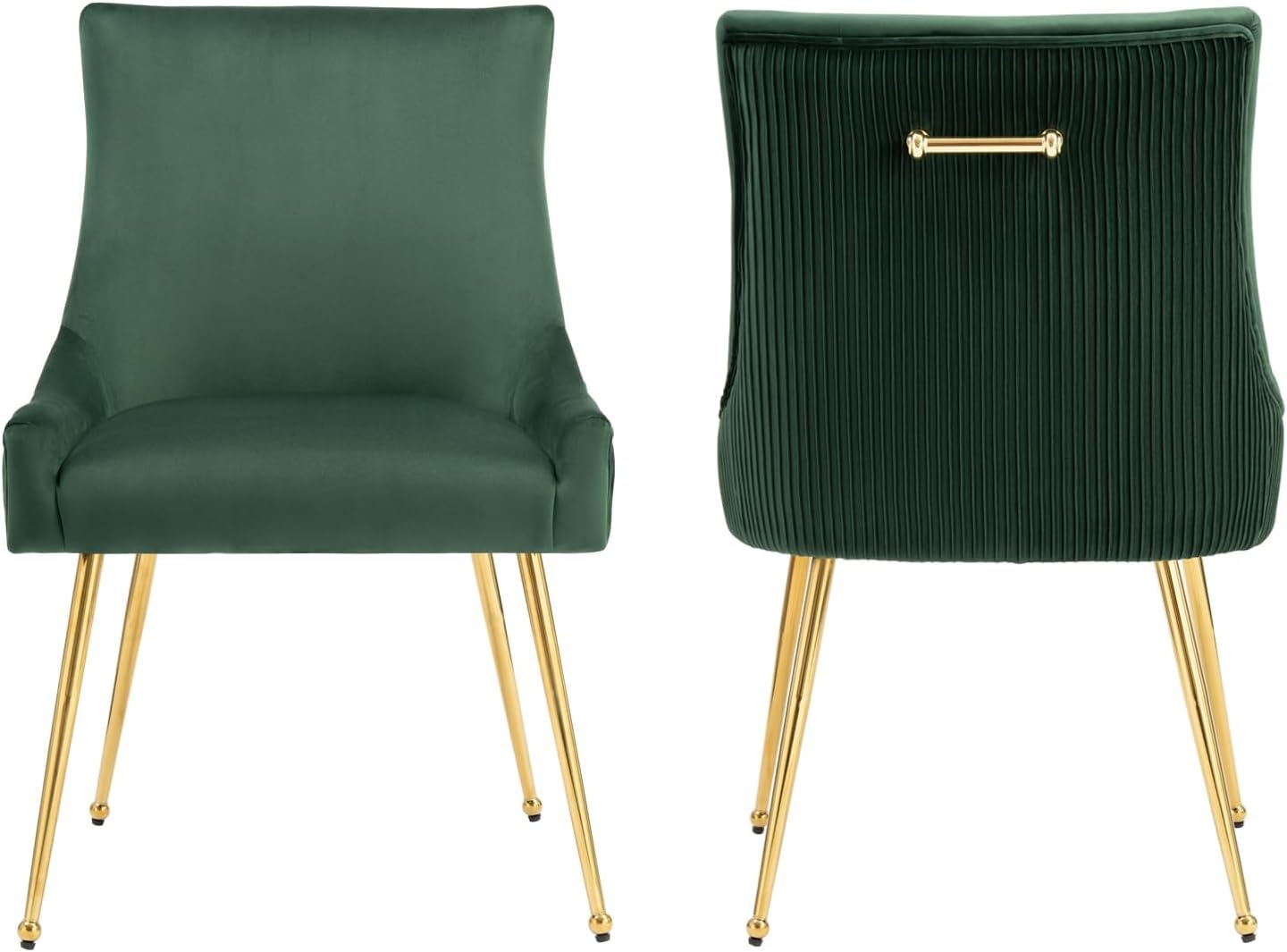 adochr Velvet Dining Chairs Set of 2, Modern Upholstered Kitchen Chair with Pull Handle & Pleated Back, Mid Century Accent Chair with Gold Metal Legs for Vanity,Dining,Kitchen,Living Room, Green