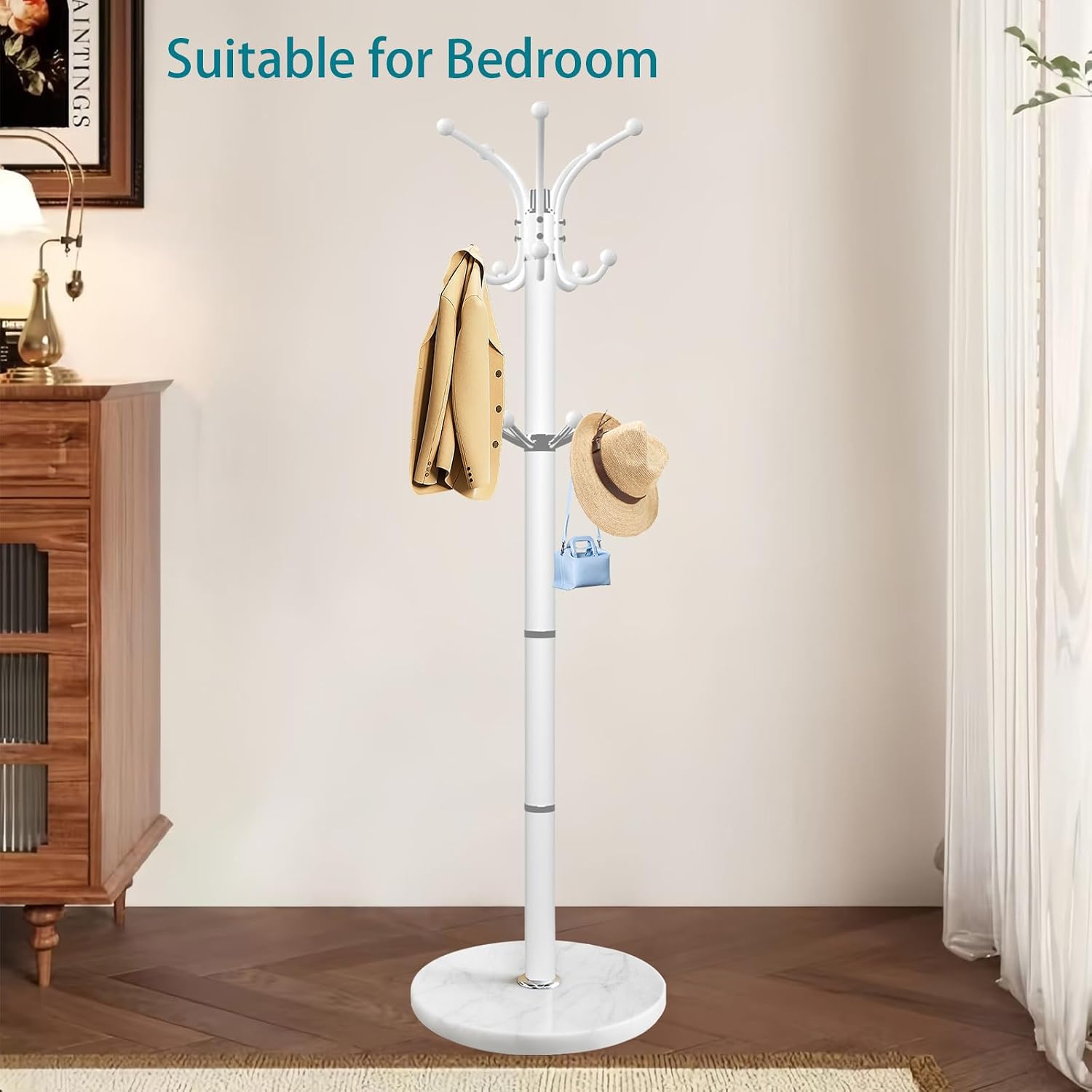 OIRUMIE Coat Rack,360°Rotary Coat Rack Stand,Coat Tree Stand for Entryway | Metal Coat Rack Freestanding with Natural Marble Base & 14 Hooks,White Modern Coat Stand, Clothes Hall Tree Stand for Hallway