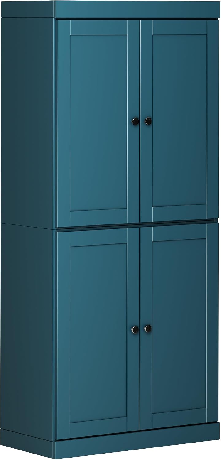 Palace Imports Solid Wood Kitchen Pantry Cabinet - 71.5" Tall x 32" Wide - Wooden Storage Cabinet w/ 4 Shaker Doors & 4 Adjustable Shelves, Teal Blue, 100% Renewable Eco-Friendly Wood, Made in Brazil