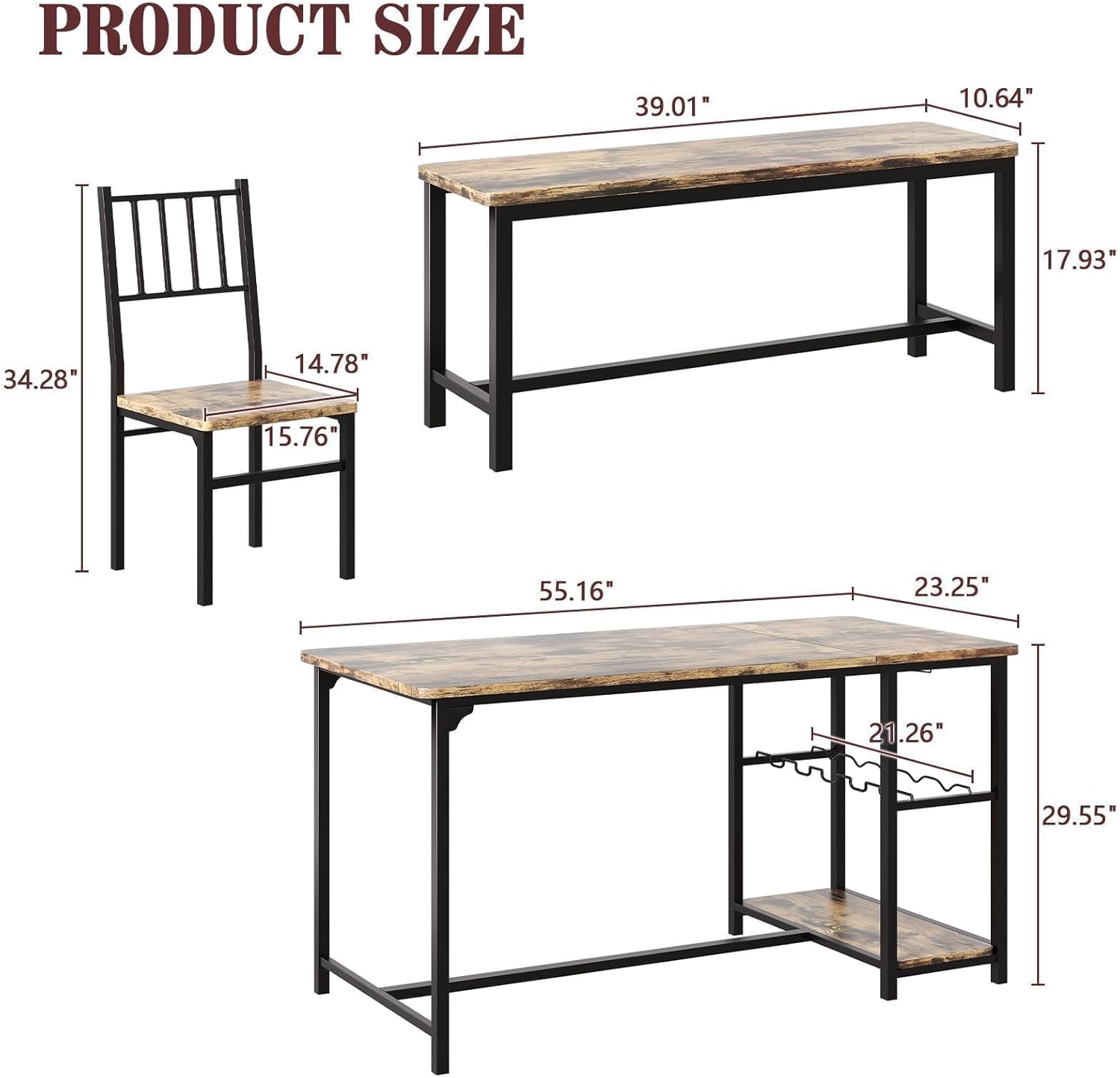 Dining Table Set for 4 with Bench, 55" Kitchen Table and Chairs Set with Wine Rack, Glass Holder & Storage Shelves, Space Saving Dining Room Table Set for Small Kitchen, Apartment, Rustic Brown