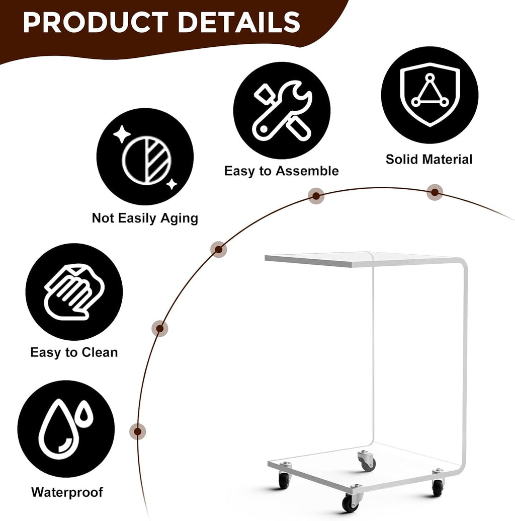 Mobile Clear Acrylic C Table with Wheels, 13.8" L x 13" W x 22" H x 0.6" Thick C Shaped End Coffee Table, Modern Acrylic Sofa Side Table for Living Room, Bedroom, Office, Bedside