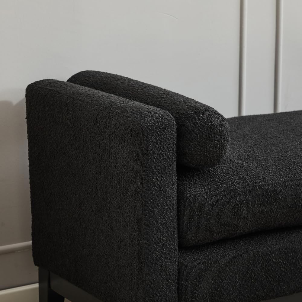 66.34" W Elegant Upholstered Bench,Daybed, Ottoman with Wood Legs & 2 Bolster Pillows for End of Bed, Bedroom, Living Room, Entryway,Black Boucle