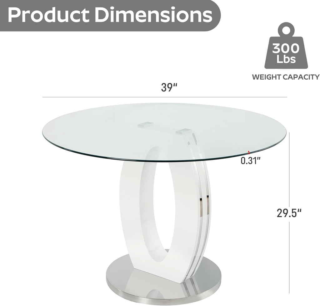 RGZ 39'' Modern Luxury Clear Glass Round Dining Table for 4-6, Glass Circle Top Kitchen Table with Elegant Silver Decorative Strips & White Silver Base, Dinner Table for Home, Living Room, Apartment